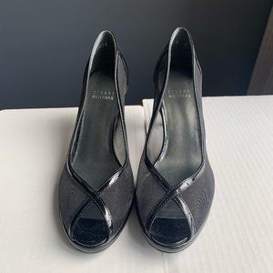 Stuart Weitzman mesh and patent leather open toe pumps